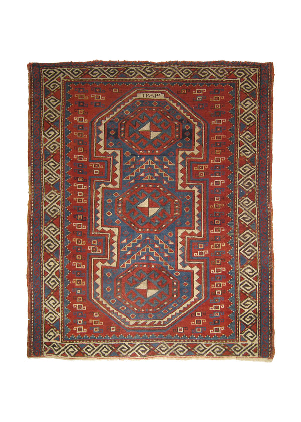A26761 Caucasian Rug Kazak Handmade Area Tribal Antique 3'3'' x 3'10'' -3x4- Red Blue Prayer Rug Design