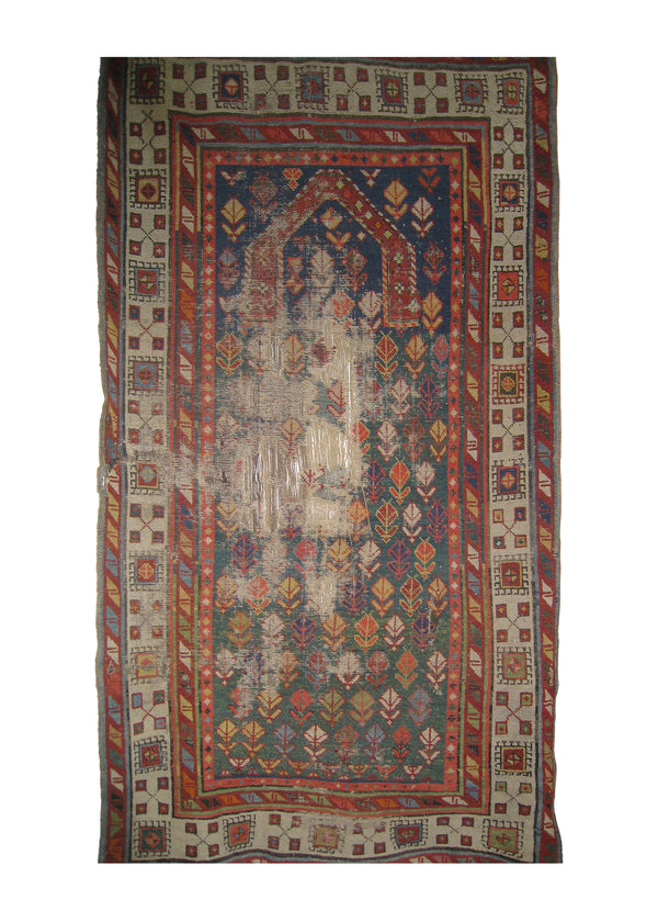 A26766 Caucasian Rug Shirvan Handmade Area Tribal Antique 2'7'' x 4'4'' -3x4- Green Whites Beige Red Prayer Rug Design
