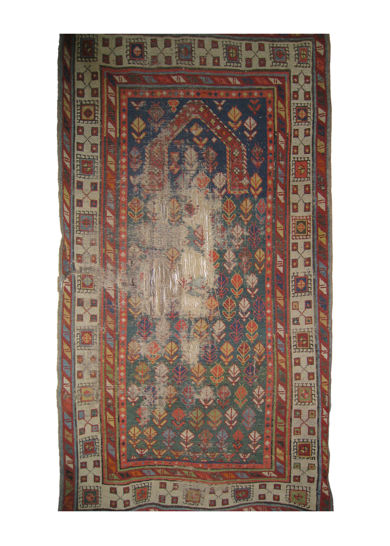 A26766 Caucasian Rug Shirvan Handmade Area Tribal Antique 2'7'' x 4'4'' -3x4- Green Whites Beige Red Prayer Rug Design