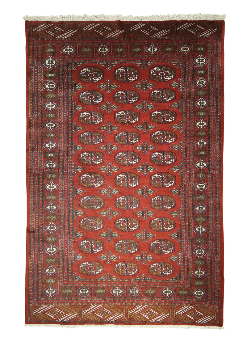 A26993 Oriental Rug Pakistani Handmade Area Tribal 4'2'' x 6'2'' -4x6- Red Bokhara Geometric Elephant Foot Design