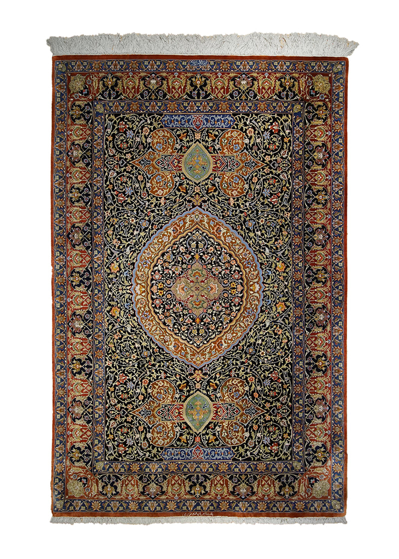A27014 Persian Rug Qum Handmade Area Traditional 4'3'' x 6'6'' -4x7- Black Red Blue Floral Design