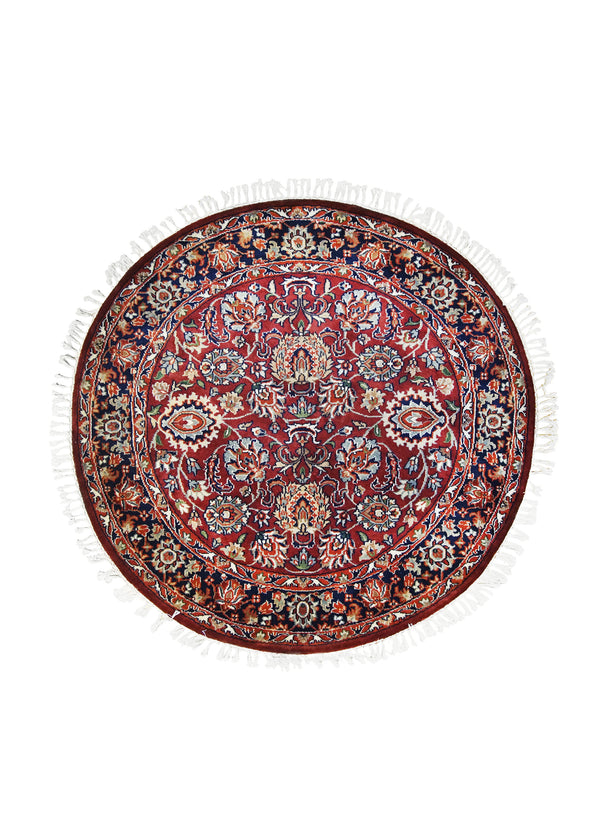 A27017 Oriental Rug Indian Handmade Round Traditional 4'2'' x 4'0'' -4x4- Red Floral Design