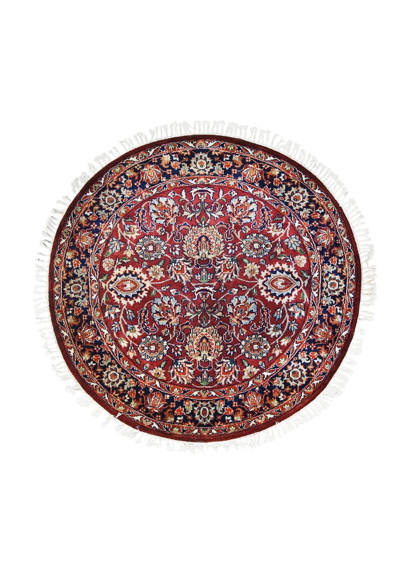 A27017 Oriental Rug Indian Handmade Round Traditional 4'2'' x 4'0'' -4x4- Red Floral Design