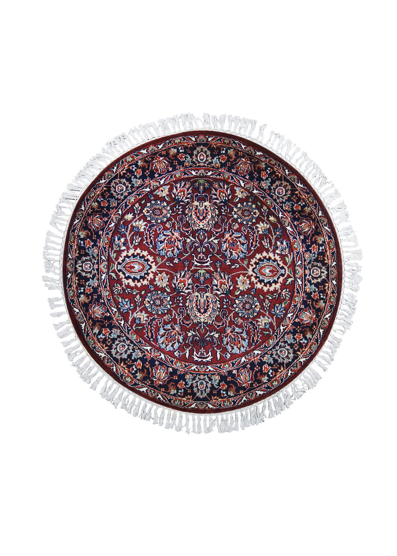 A27018 Oriental Rug Indian Handmade Round Traditional 4'0'' x 4'0'' -4x4- Red Floral Design