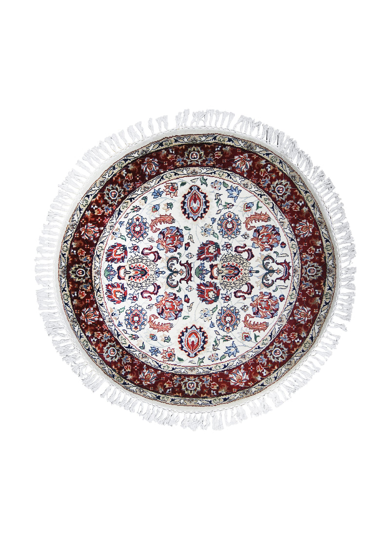 A27020 Oriental Rug Indian Handmade Round Traditional 4'3'' x 4'0'' -4x4- Whites Beige Red Floral Design