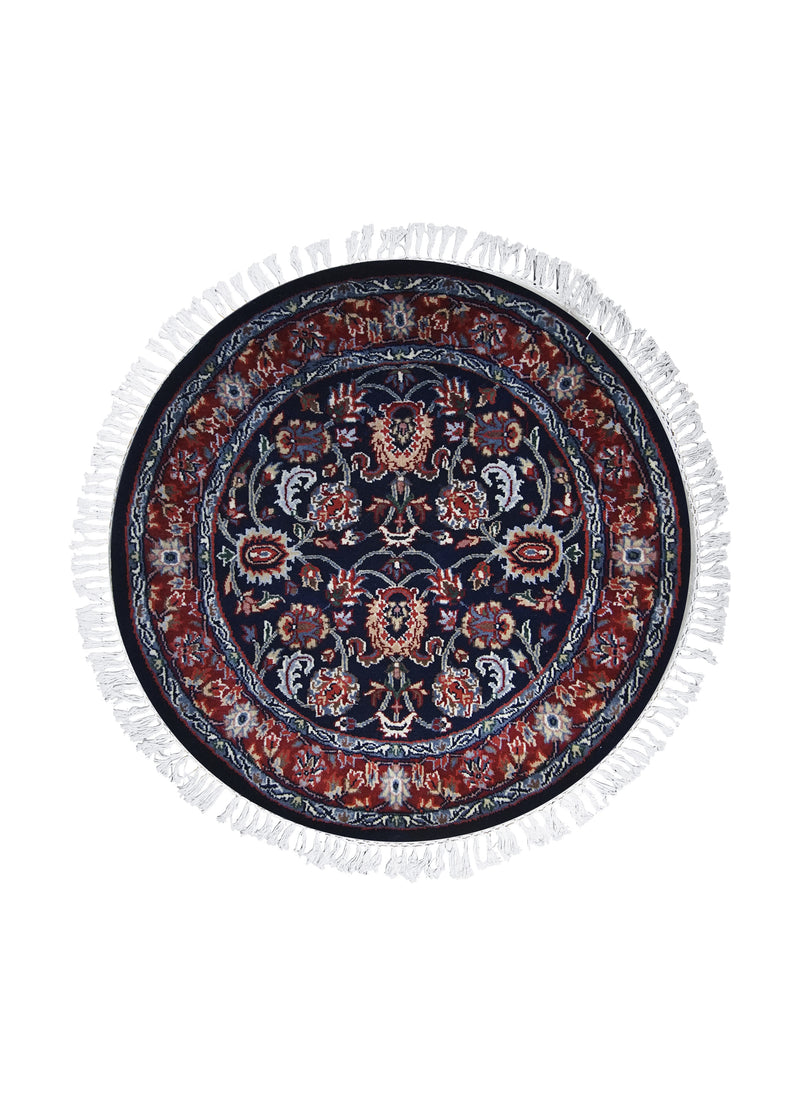 A27022 Oriental Rug Indian Handmade Round Traditional 3'3'' x 3'1'' -3x3- Blue Red Floral Design