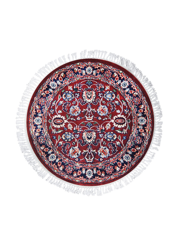 A27024 Oriental Rug Indian Handmade Round Traditional 3'0'' x 3'1'' -3x3- Red Floral Design