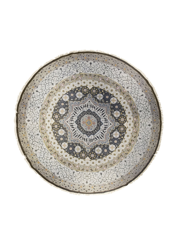 A27070 Oriental Rug Indian Handmade Round Transitional 9'12'' x 10'0'' -10x10- Gray Whites Beige Soumak Geometric Mamluk Design