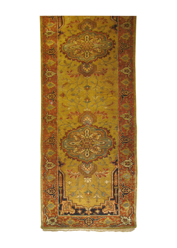 A27082 Oriental Rug Indian Handmade Runner Transitional 2'7'' x 9'11'' -3x10- Yellow Gold Red Geometric Design