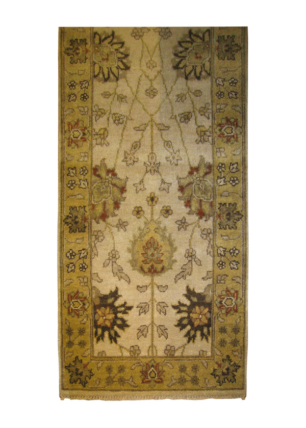 A27086 Oriental Rug Indian Handmade Runner Transitional 2'6'' x 11'10'' -3x12- Whites Beige Yellow Gold Geometric Oushak Design