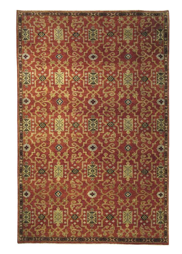 A27094 Oriental Rug Indian Handmade Area Transitional 5'9'' x 8'10'' -6x9- Red Yellow Gold Geometric Design