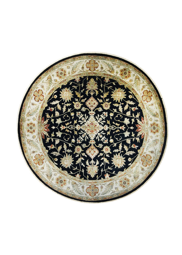 A27107 Oriental Rug Indian Handmade Round Transitional 7'12'' x 8'0'' -8x8- Black Whites Beige Geometric Design