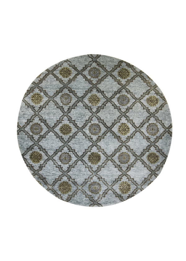 A27110 Oriental Rug Indian Handmade Round Transitional 5'12'' x 6'0'' -6x6- Blue Brown Geometric Checkered Design
