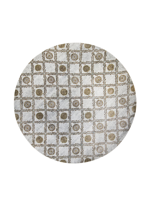 A27115 Oriental Rug Indian Handmade Round Transitional Neutral 7'12'' x 8'0'' -8x8- Blue Brown Geometric Checkered Design