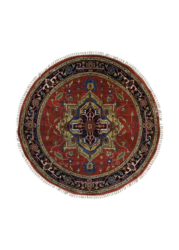 A27151 Oriental Rug Indian Handmade Round Transitional Tribal 4'11'' x 4'11'' -5x5- Red Blue Serapi Geometric Design