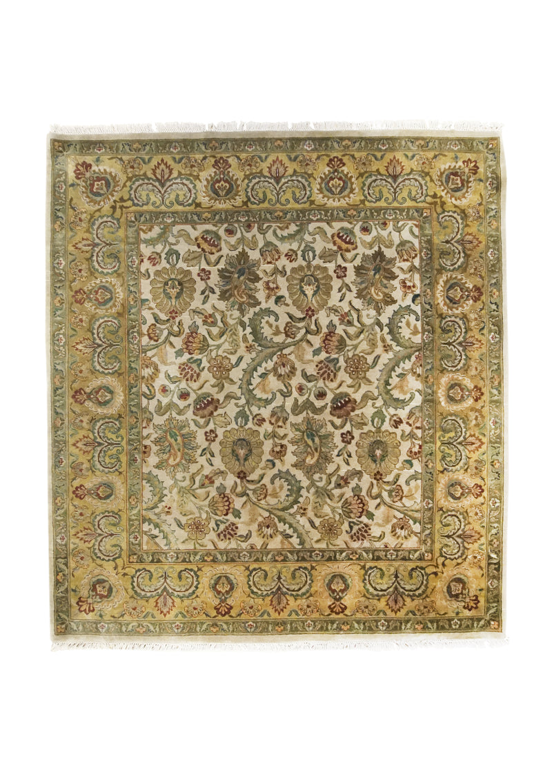 A27170 Oriental Rug Indian Handmade Square Transitional 7'1'' x 7'8'' -7x8- Green Yellow Gold Whites Beige Tea Washed Floral Design