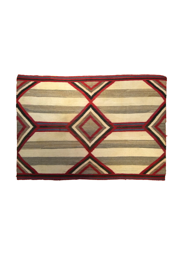 A27172 Native American Rug Navajo Handmade Area Antique Tribal 4'4'' x 6'1'' -4x6- Whites Beige Red Geometric Design