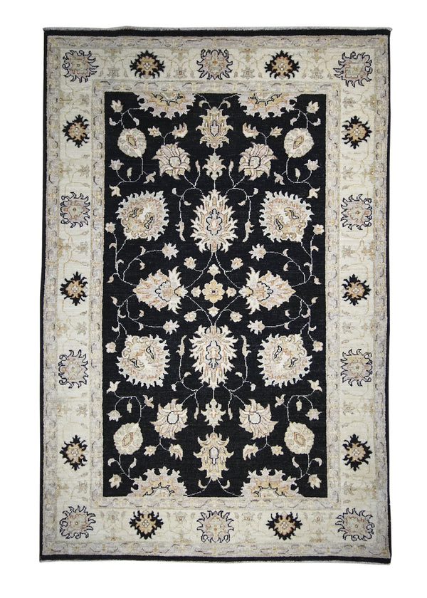 A27259 Oriental Rug Pakistani Handmade Area Transitional 3'10'' x 5'9'' -4x6- Black Whites Beige Antique Washed Oushak Floral Design