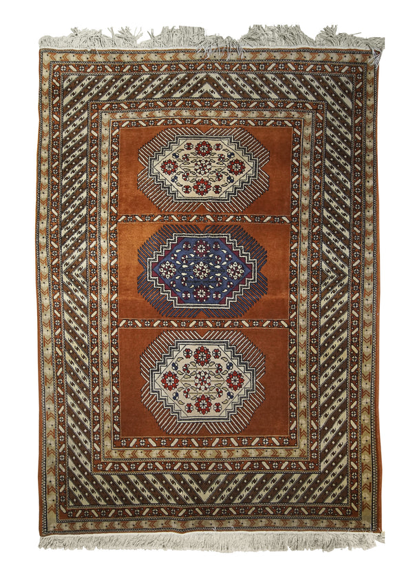 A27275 Caucasian Rug Azerbaijan Handmade Area Tribal 4'3'' x 6'2'' -4x6- Orange Geometric Design
