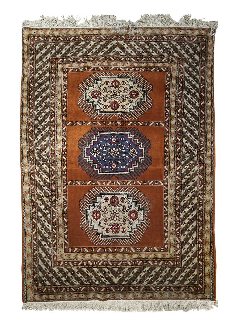 A27275 Caucasian Rug Azerbaijan Handmade Area Tribal 4'3'' x 6'2'' -4x6- Orange Geometric Design