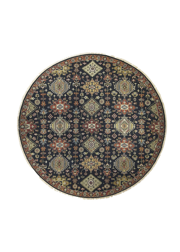 A27280 Oriental Rug Indian Handmade Square Transitional Tribal 7'12'' x 8'0'' -8x8- Black Red Geometric Kazak Design