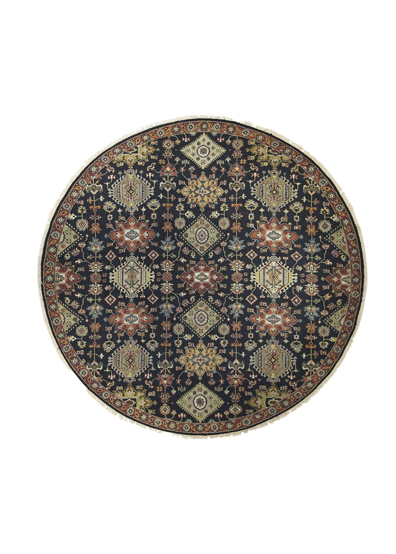 A27280 Oriental Rug Indian Handmade Square Transitional Tribal 7'12'' x 8'0'' -8x8- Black Red Geometric Kazak Design