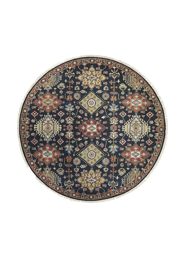 A27321 Oriental Rug Indian Handmade Round Transitional 5'12'' x 6'0'' -6x6- Black Red Soumak Geometric Kazak Design