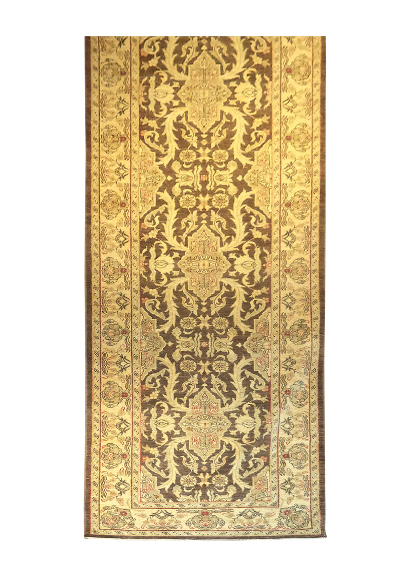 A27445 Oriental Rug Pakistani Handmade Runner Transitional 3'2'' x 13'1'' -3x13- Brown Yellow Gold Antique Washed Oushak Floral Design