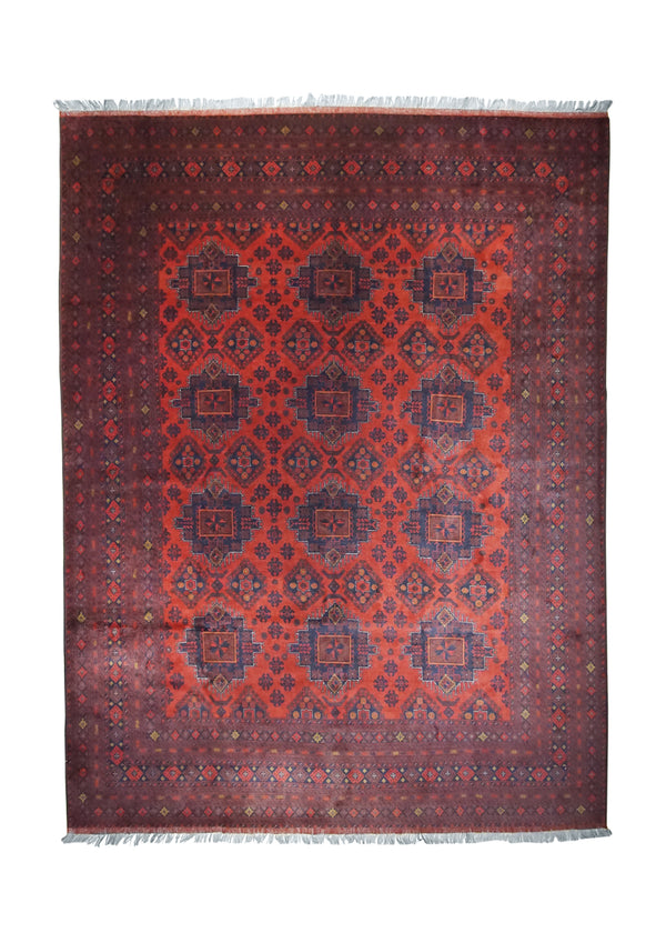 A27473 Oriental Rug Afghan Handmade Area Tribal 9'11'' x 12'6'' -10x13- Red Blue Khal Mohammadi Geometric Design