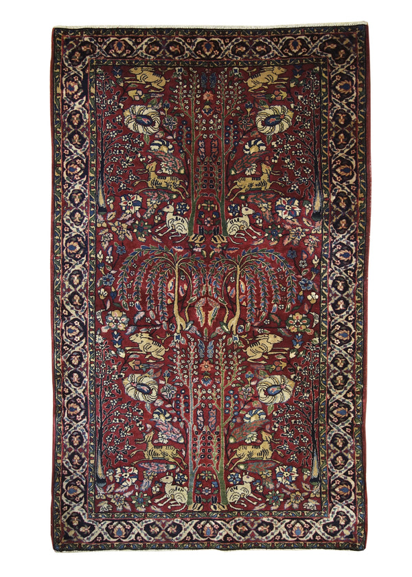 A27480 Oriental Rug Indian Handmade Area Traditional Antique 4'0'' x 6'6'' -4x7- Red Tree of Life Animals Design