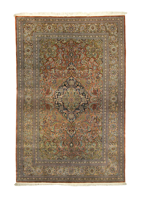 A27494 Oriental Rug Chinese Handmade Area Traditional 6'0'' x 9'0'' -6x9- Orange Green Qum Floral Design.jpg