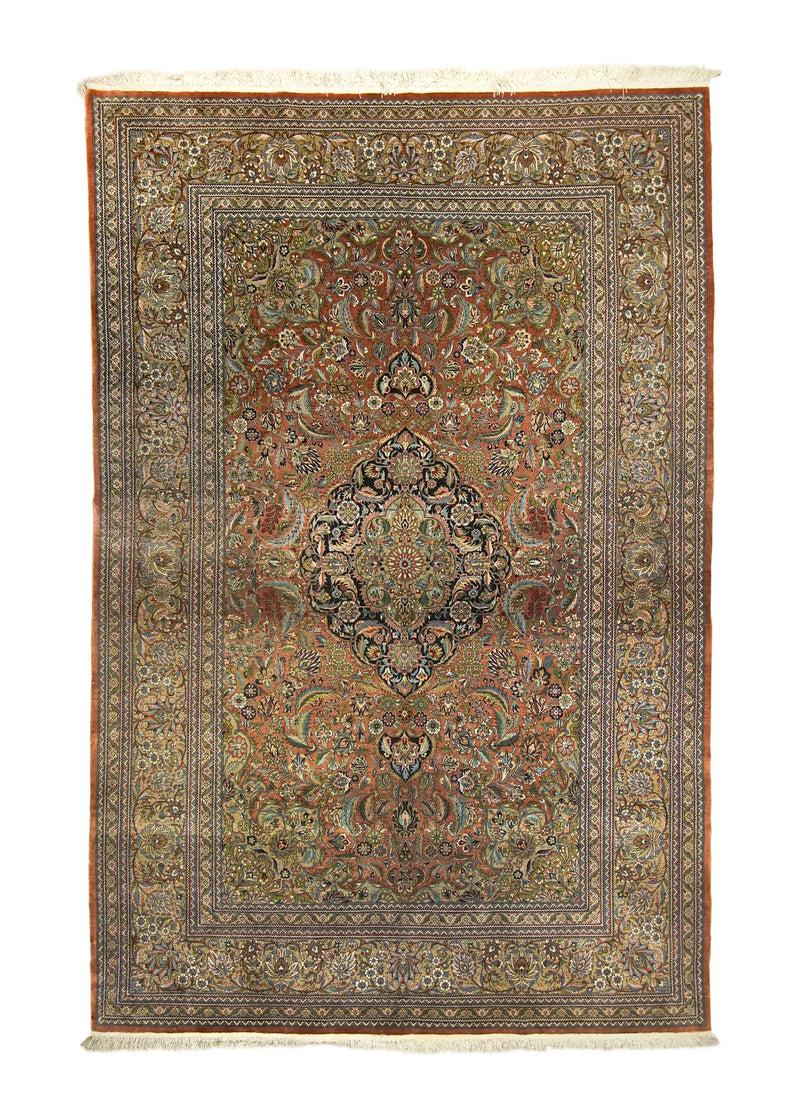 A27494 Oriental Rug Chinese Handmade Area Traditional 6'0'' x 9'0'' -6x9- Orange Green Qum Floral Design.jpg