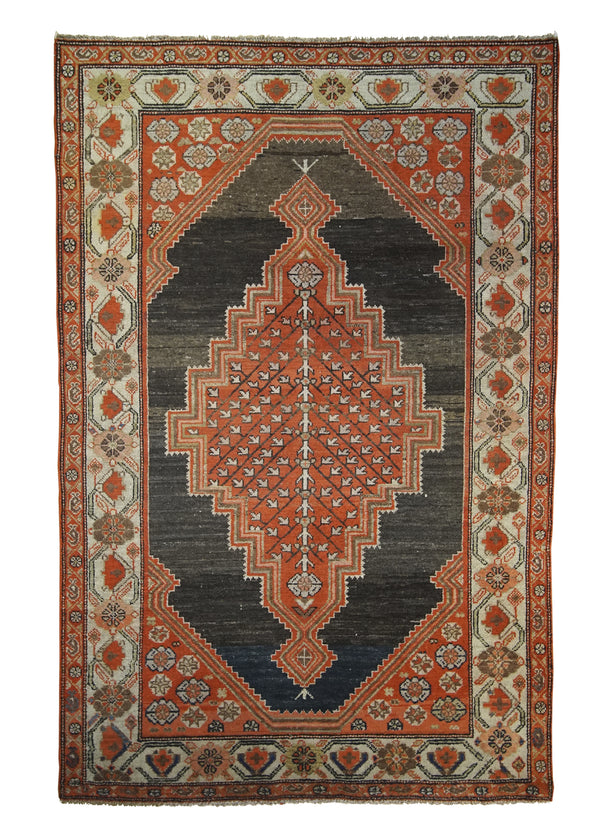 A27534 Persian Rug Hamadan Handmade Area Tribal Antique 4'0'' x 6'2'' -4x6- Gray Red Geometric Design