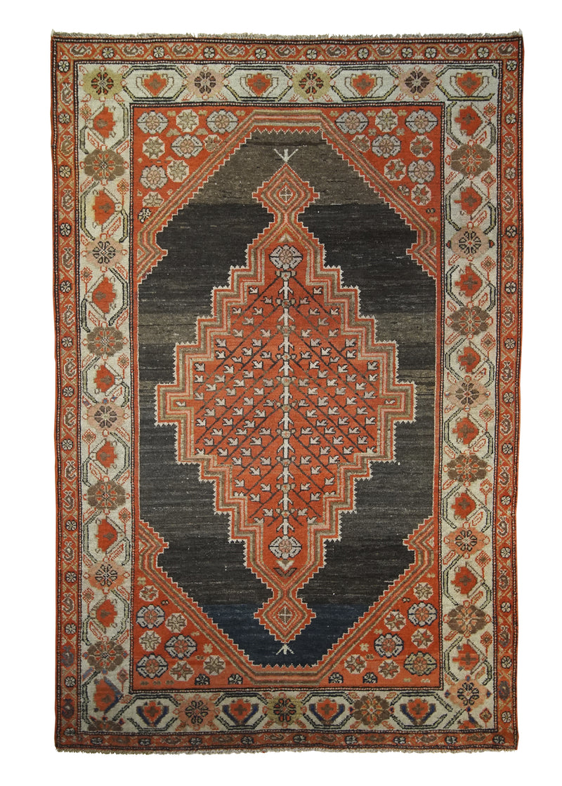 A27534 Persian Rug Hamadan Handmade Area Tribal Antique 4'0'' x 6'2'' -4x6- Gray Red Geometric Design