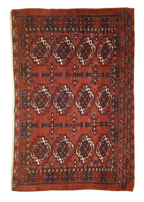 A27543 Persian Rug Turkmen Handmade Area Tribal Antique 4'0'' x 5'4'' -4x5- Red Geometric Elephant Foot Bokhara Design