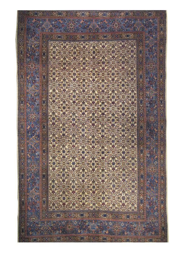 A27588 Persian Rug Moud Handmade Area Traditional 5'11'' x 9'6'' -6x10- Whites Beige Blue Mahi Fish Design