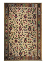 A27594 Oriental Rug Turkish Handmade Area Tribal 6'6'' x 9'6'' -7x10- Whites Beige Brown Green Geometric Design