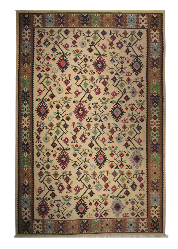 A27594 Oriental Rug Turkish Handmade Area Tribal 6'6'' x 9'6'' -7x10- Whites Beige Brown Green Geometric Design
