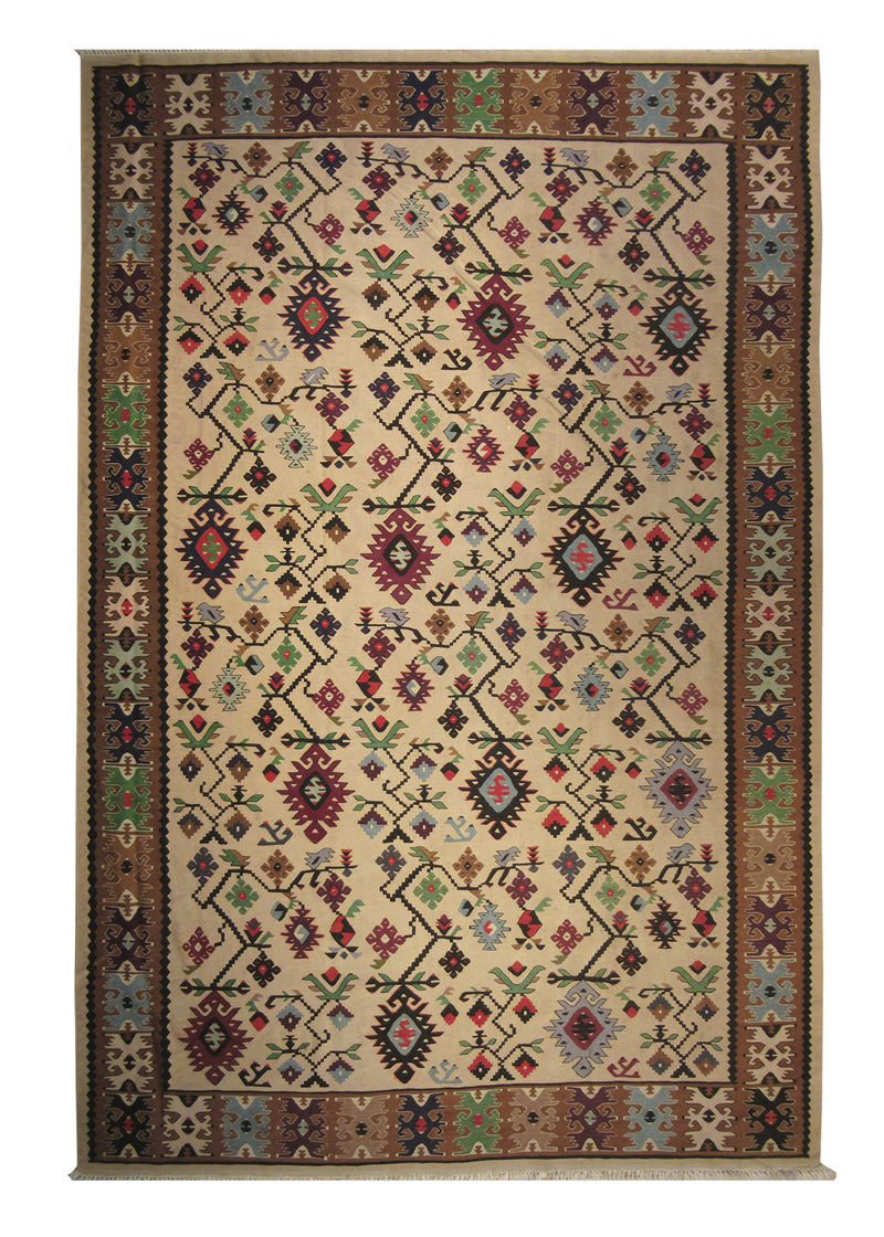 A27594 Oriental Rug Turkish Handmade Area Tribal 6'6'' x 9'6'' -7x10- Whites Beige Brown Green Geometric Design
