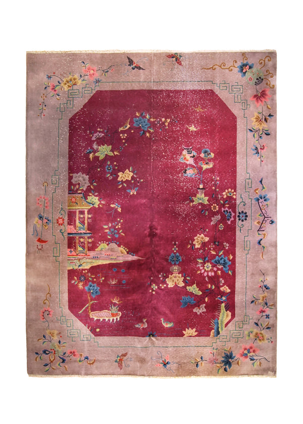A27598 Oriental Rug Chinese Handmade Area Traditional 8'12'' x 11'8'' -9x12- Pink Floral Art Deco Nichols Design
