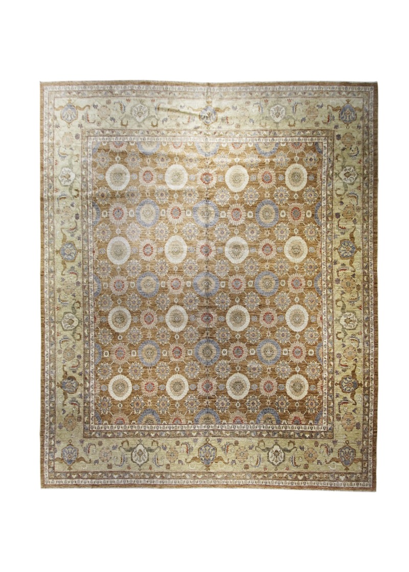 A27629 Oriental Rug Pakistani Handmade Area Transitional 11'10'' x 14'3'' -12x14- Brown Yellow Gold Antique Washed Oushak Floral Design