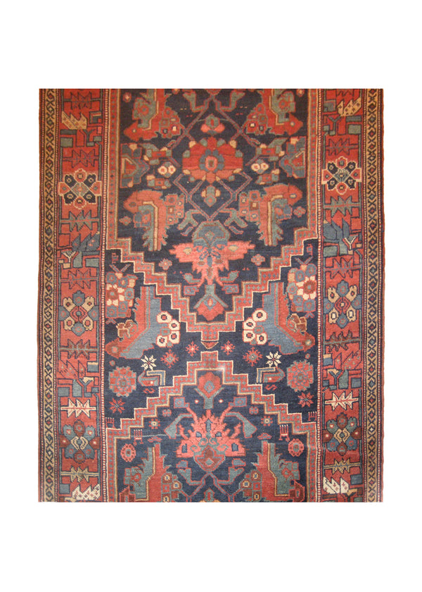 A27643 Persian Rug Bijar Handmade Runner Traditional Antique 4'2'' x 15'11'' -4x16- Blue Red Geometric Design