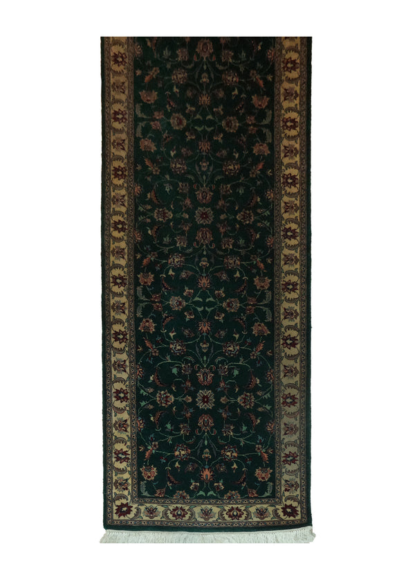 A27695 Oriental Rug Chinese Handmade Runner Traditional 2'6'' x 11'10'' -3x12- Green Whites Beige Varamin Floral Design