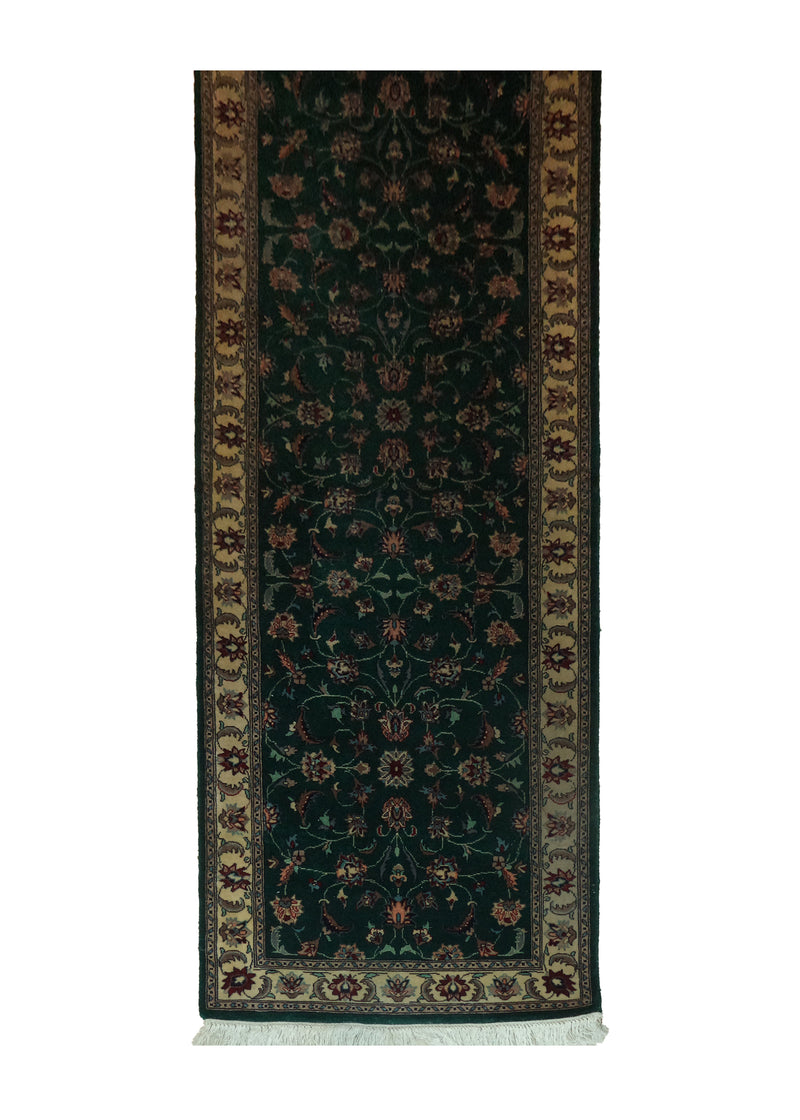 A27695 Oriental Rug Chinese Handmade Runner Traditional 2'6'' x 11'10'' -3x12- Green Whites Beige Varamin Floral Design