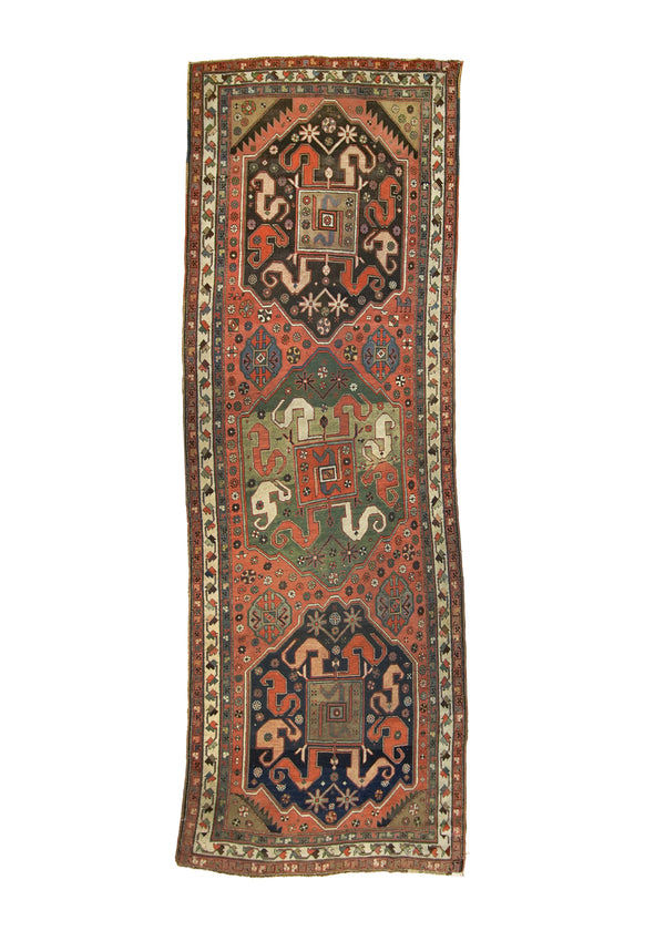 A27700 Caucasian Rug Gharabagh Handmade Runner Tribal Antique 3'7'' x 10'8'' -4x11- Pink Green Geometric Design.jpg