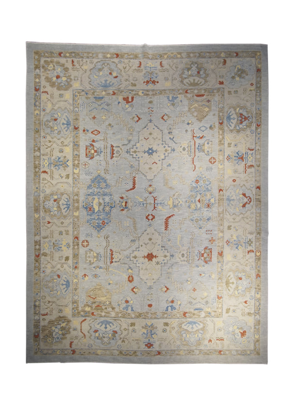 A27726 Oriental Rug Turkish Handmade Area Transitional 9'3'' x 12'2'' -9x12- Blue Whites Beige Oushak Geometric Design