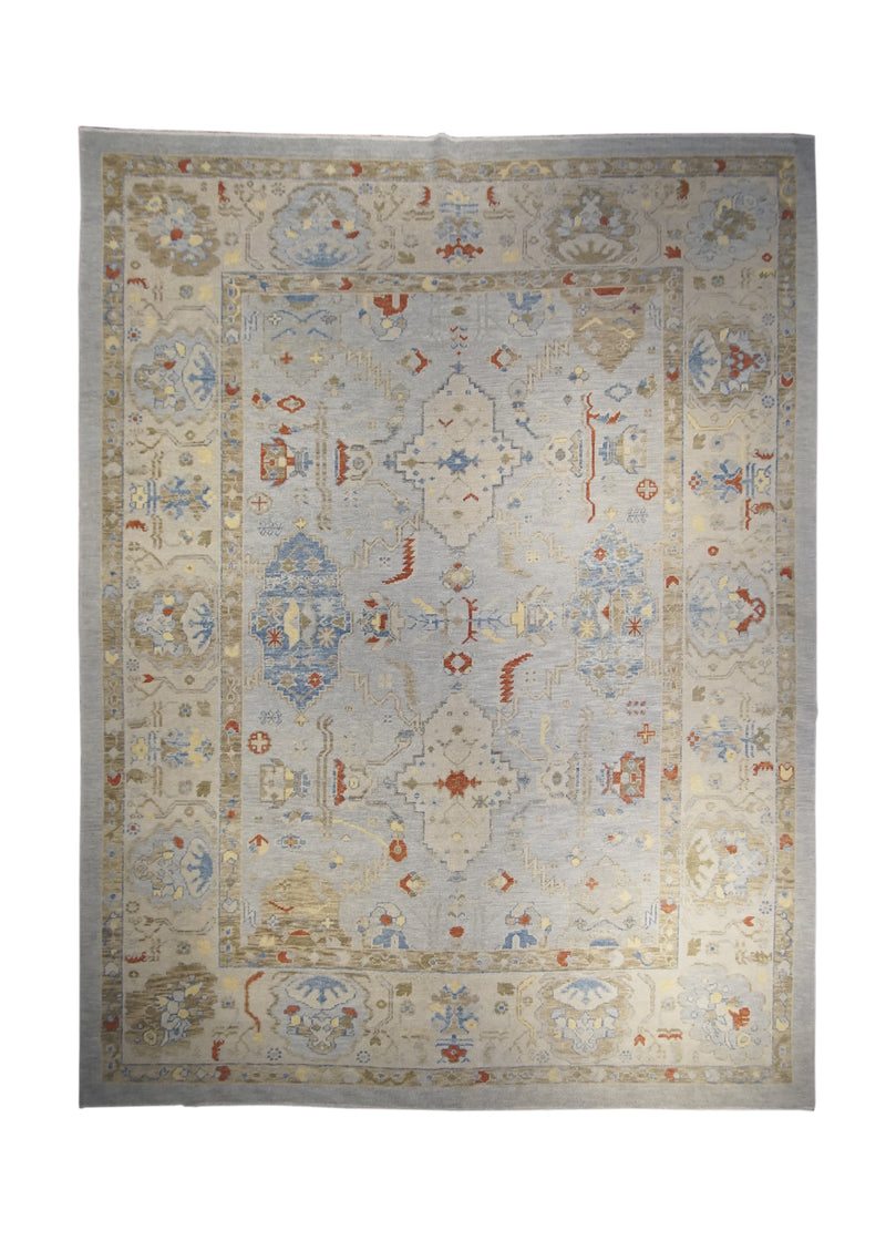 A27726 Oriental Rug Turkish Handmade Area Transitional 9'3'' x 12'2'' -9x12- Blue Whites Beige Oushak Geometric Design