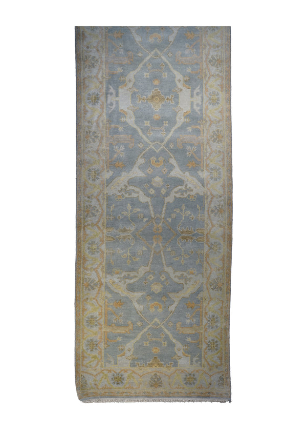 A27741 Oriental Rug Indian Handmade Runner Transitional 3'6'' x 32'6'' -4x33- Blue Whites Beige Yellow Gold Oushak Geometric Design