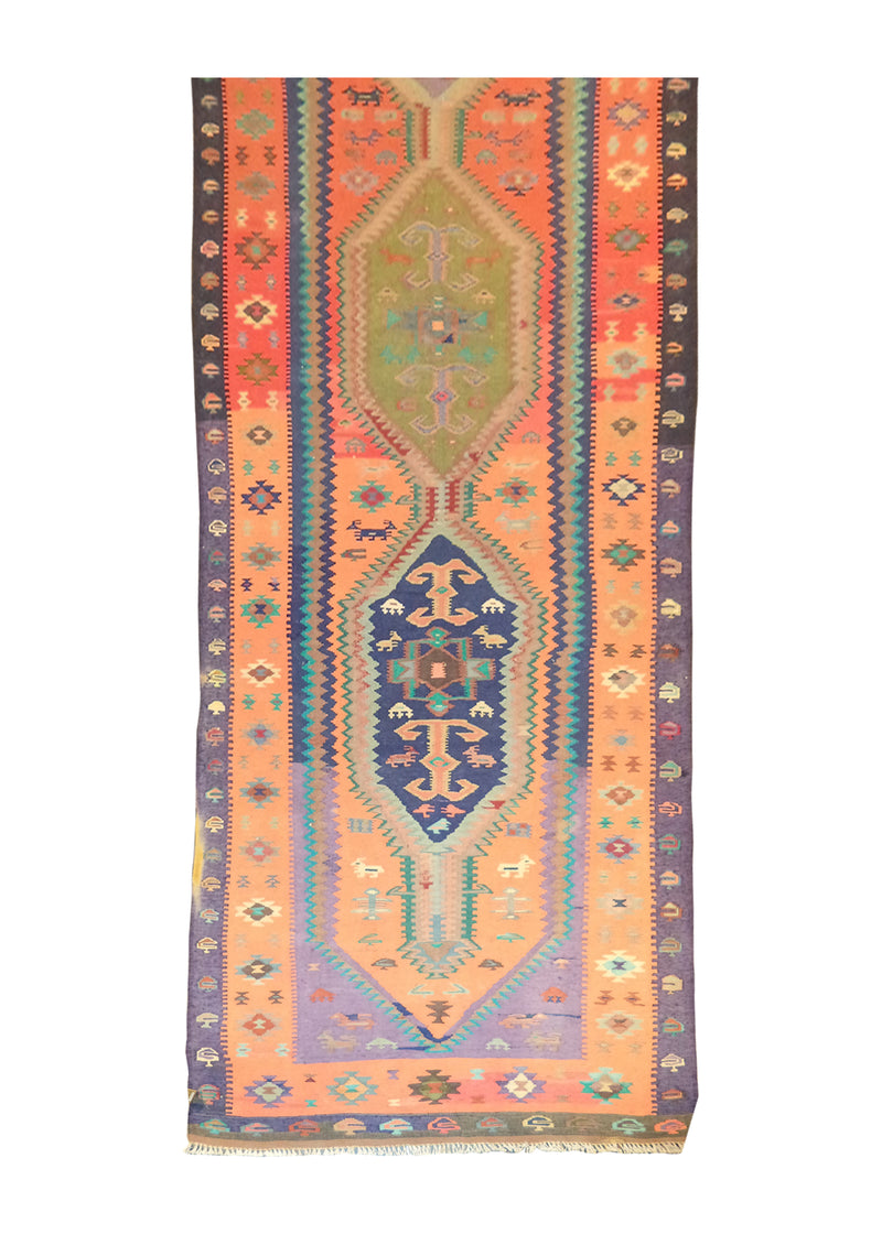 A27757 Persian Rug Senneh Handmade Runner Tribal 2'11'' x 9'8'' -3x10- Orange Purple Kilim Geometric Design