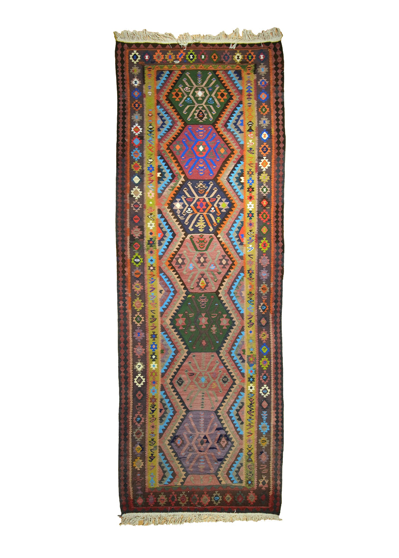 A27758 Persian Rug Senneh Handmade Runner Tribal 3'5'' x 9'3'' -3x9- Multi-color Brown Kilim Geometric Design